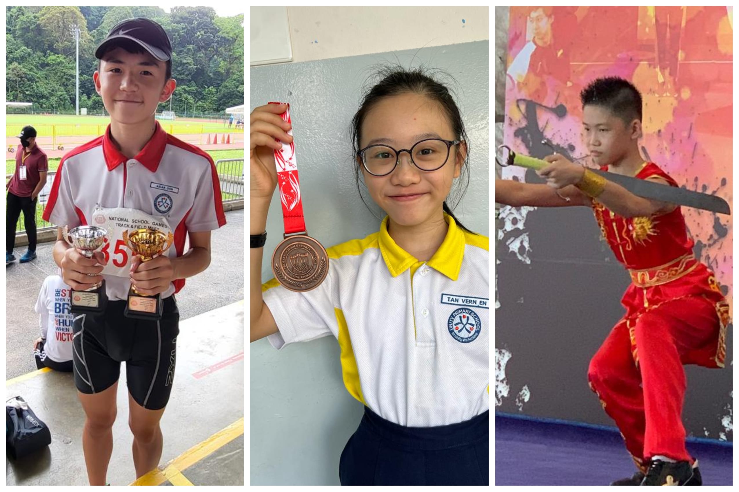 Three young athletes: a boy holding trophies, a girl displaying a bronze medal, and a boy performing wushu in red costume.